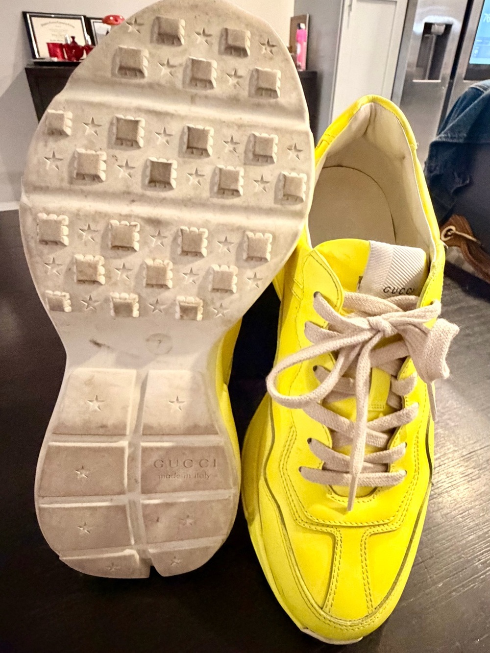 Auth Gucci Python Fluo Yellow and Beige Leather Sneakers w/box dust bags xtr str - Picture 4 of 5